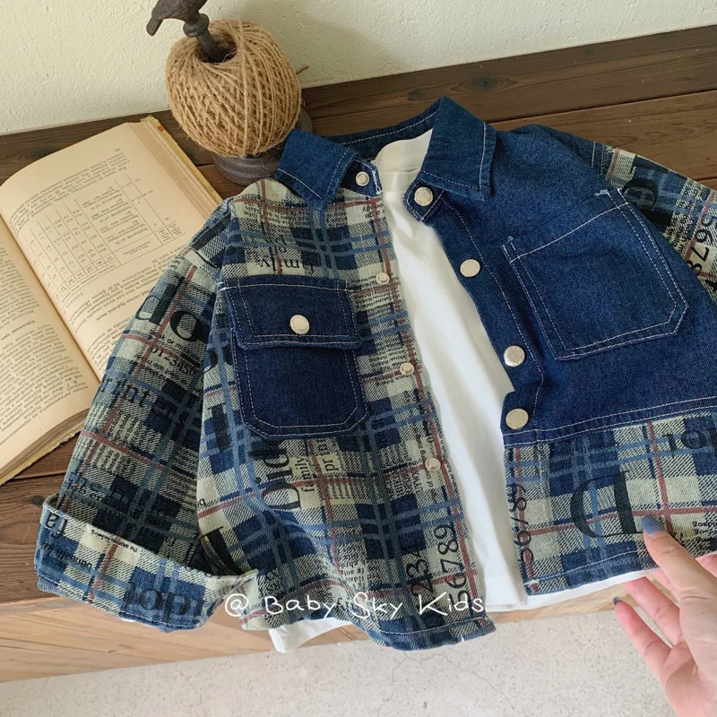 

2025 autumn winter cotton Children kid Denim jean Jacket Boys fashion Plaid Patchwork coat 3-10 years toddler thick warm outfit