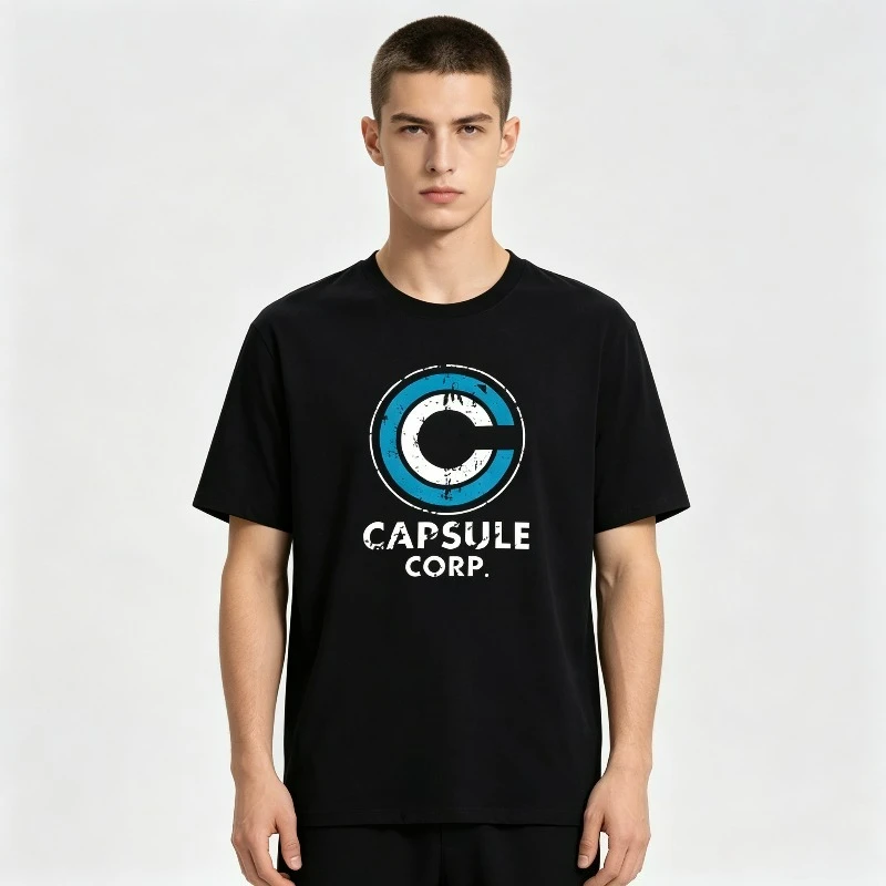 Men's Black White Capsule Corp Print T-shirt, Casual Short Sleeve Top For Anime Fans