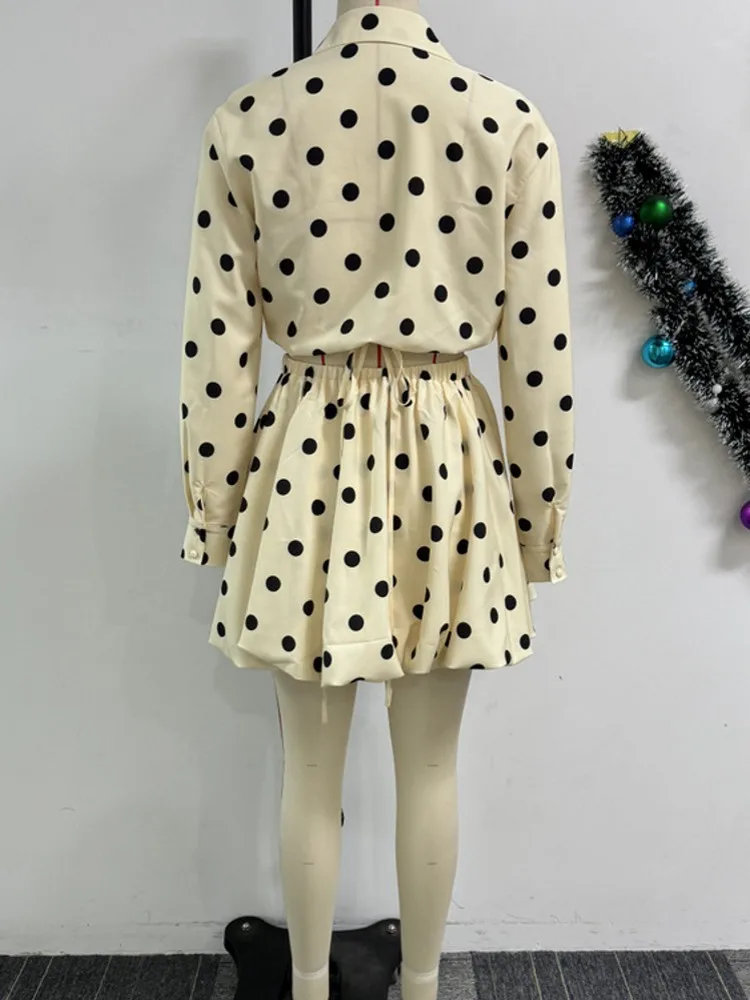 Set 2 Potong Set Wanita Fashion Seksi 2025 Atasan Wanita Musim Panas Musim Gugur Atasan Lengan Panjang Motif Titik dan Pakaian Rok Mini