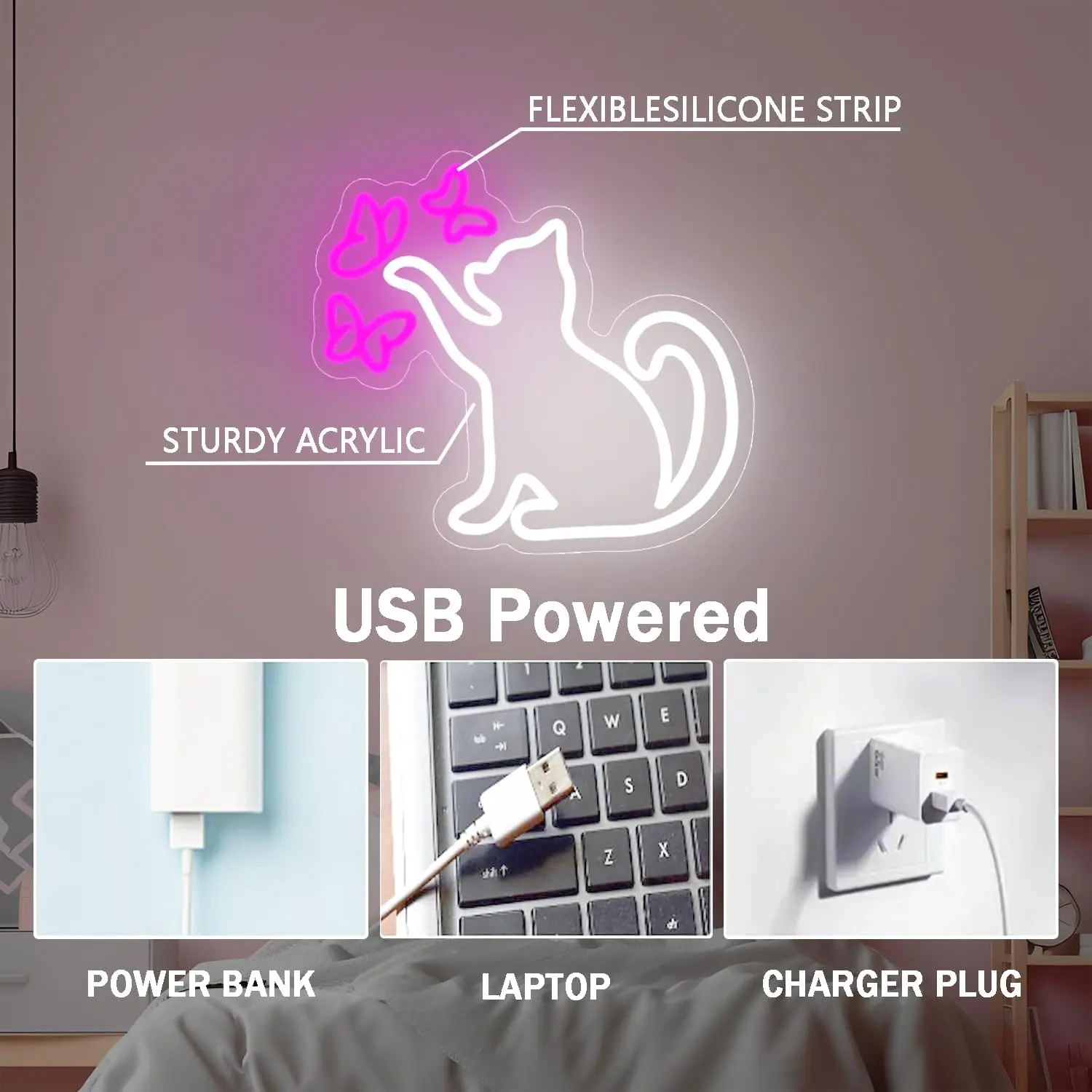 Cat Butterfly Neon Sign LED Dimmable Neon Lights for Pet Shop Children Bedroom Home Livingroom Art Decor Birthday Christmas Gift