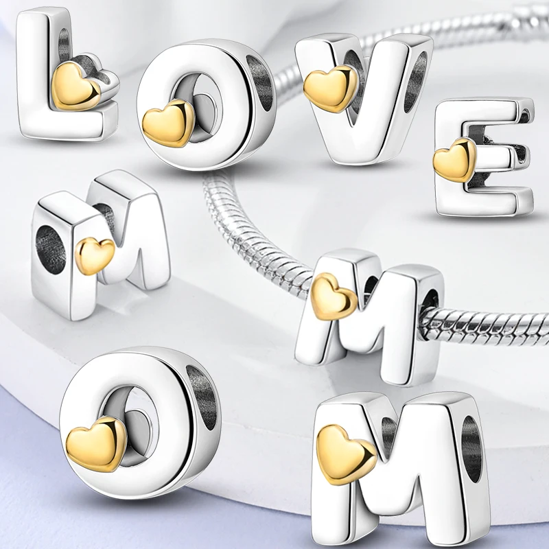 Fit Original Bracelet Letter English Alphabet  Charm Gold Heart Pendant 925 Sterling Silver Charm DIY Jewelry Making As Gifts