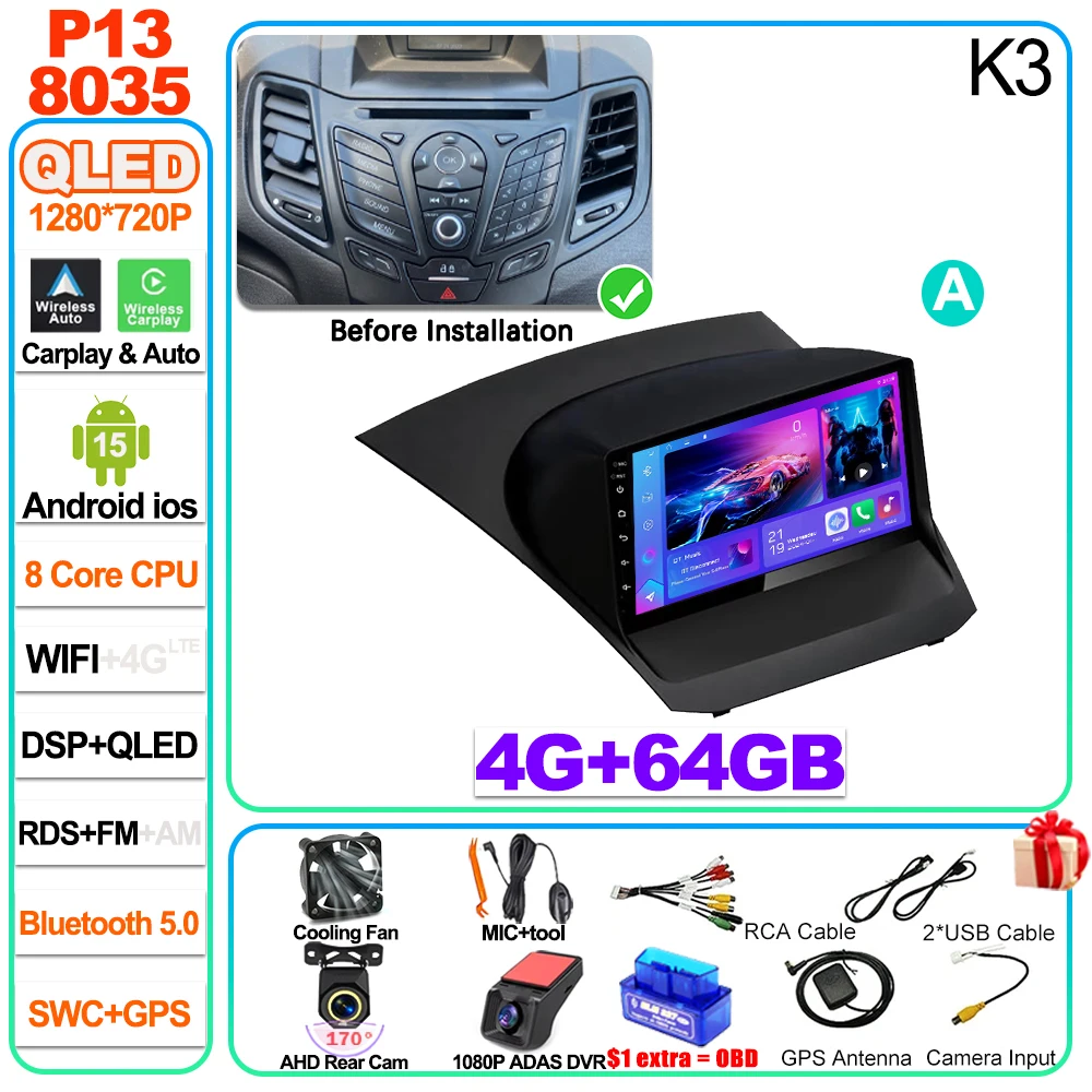 Auto radio Carplay Android 16 voor Ford Fiesta Mk 6 2009 2010 2011 2012 2013 2014 -2018 Radio Multimedia Videospeler Scherm GPS