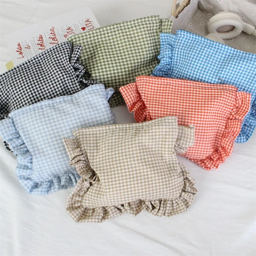 Cute Ruffle Plaid Makeup Bag Large Capacity Portable Zipper Handbag Cosmetic Pouch Home&Travel
