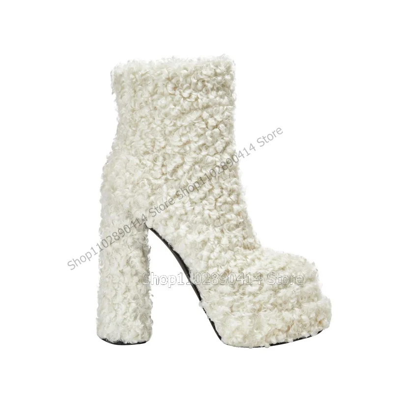 White Lamb Wool Mid Calf Round Toe Platform Boots Slip On Women Shoes Chunky High Heels Fashion Party 2023 Zapatos Para Mujere