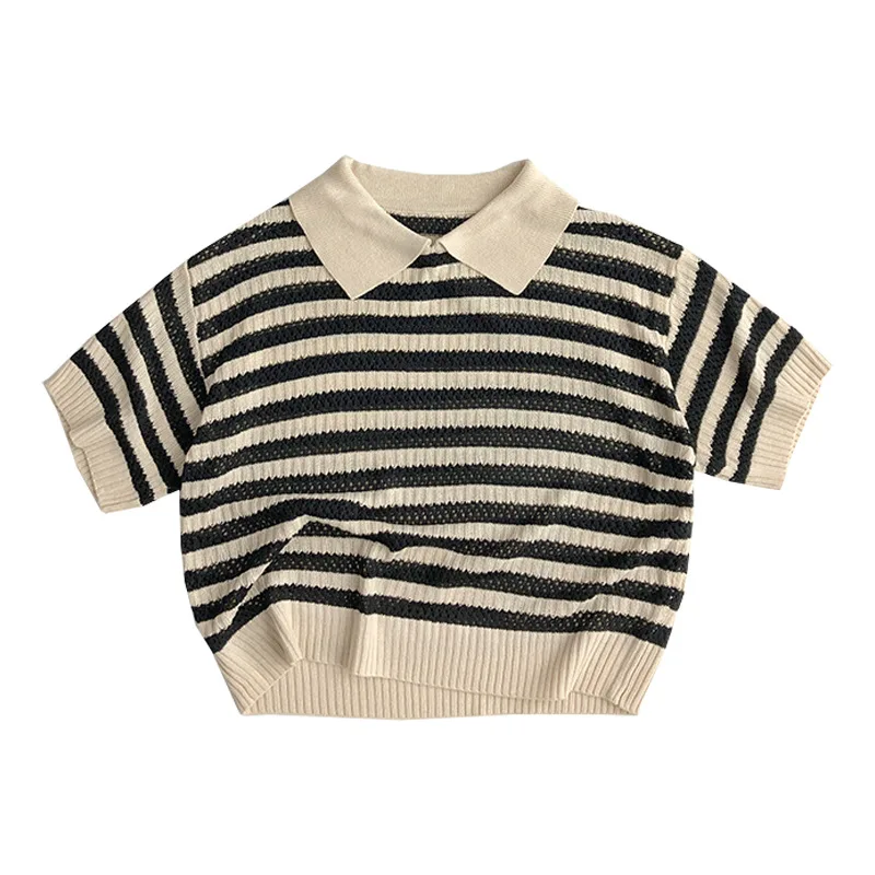 2024 Summer New Children Short Sleeve Casual T Shirts Baby Boy Girl Hollow Out Knitwear Toddler Kids Striped Knitted Lapel Tops