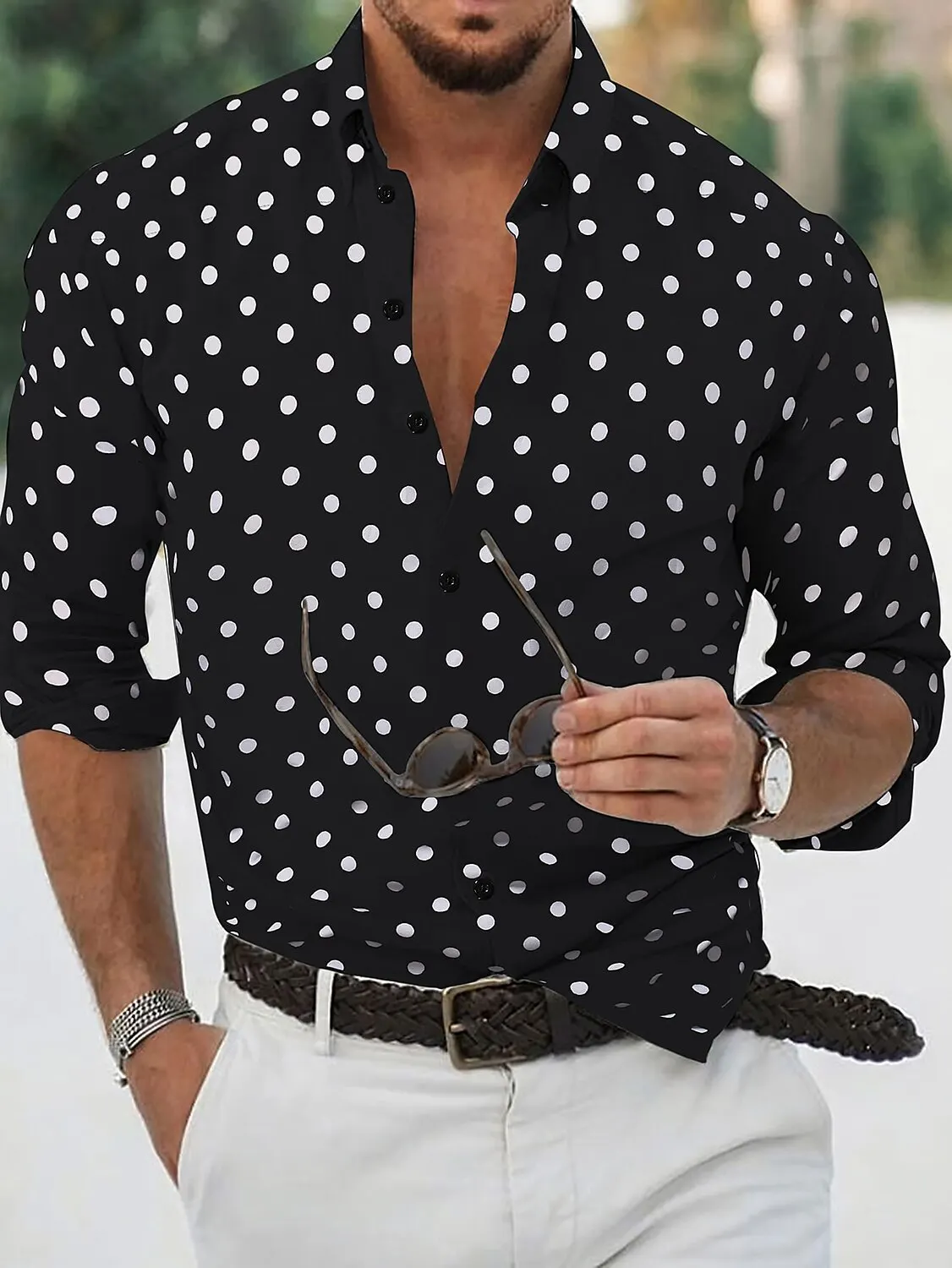 Summer Men\'s Buttoned Shirt Black and White Long Sleeve Lapel Polka Dot Daily Resort Wear Stylish, Casual and Comfortable