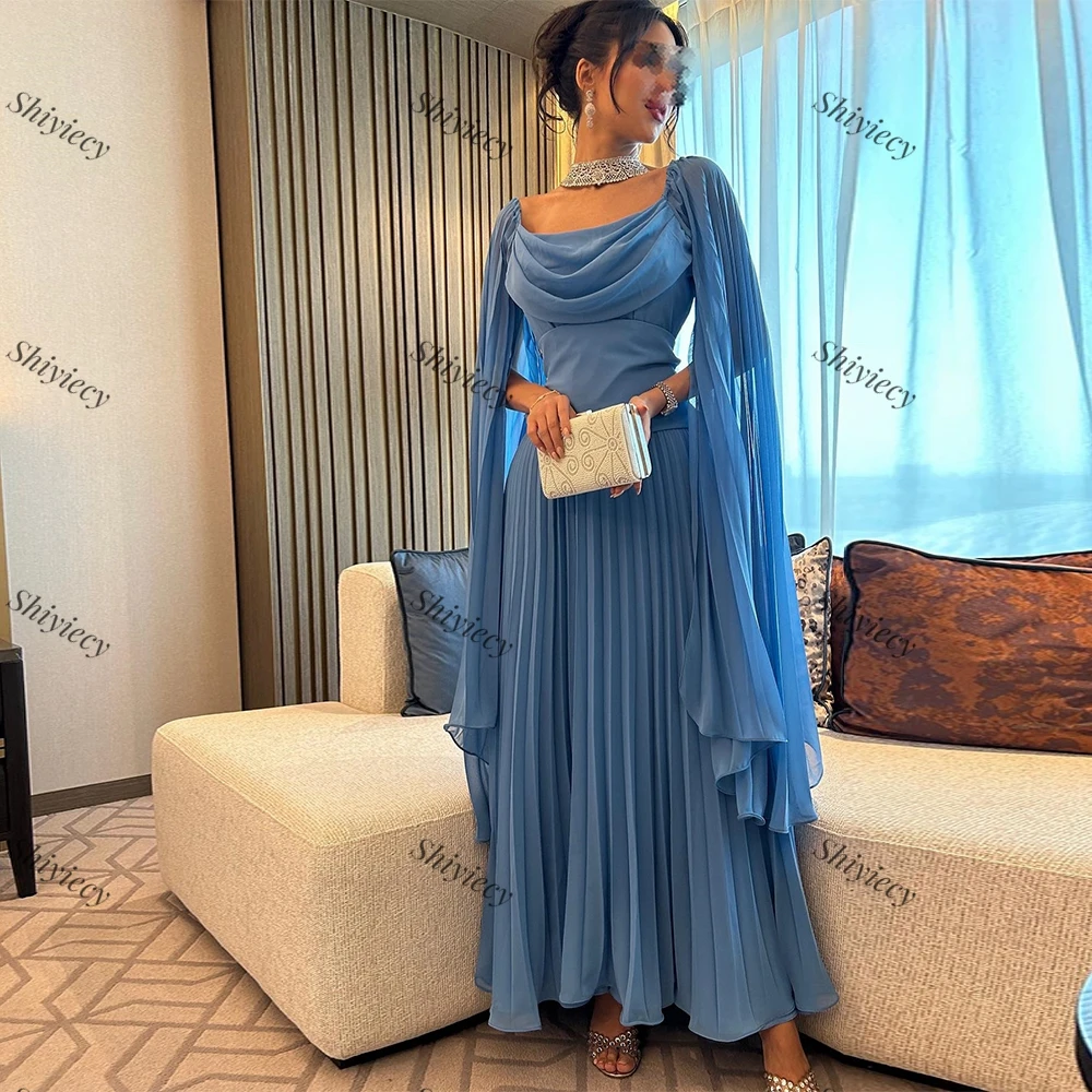 Blue Pleats Chiffon Formal Evening Dress for WOman Square Collar Watteau Wedding Party Gowns Sleeveless Prom Dress Custom Made