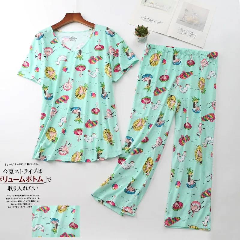 Plus Size Cotton Knit Pajama Set Short Sleeve Nightgown Capri Pants Homewear 2pcs Suit