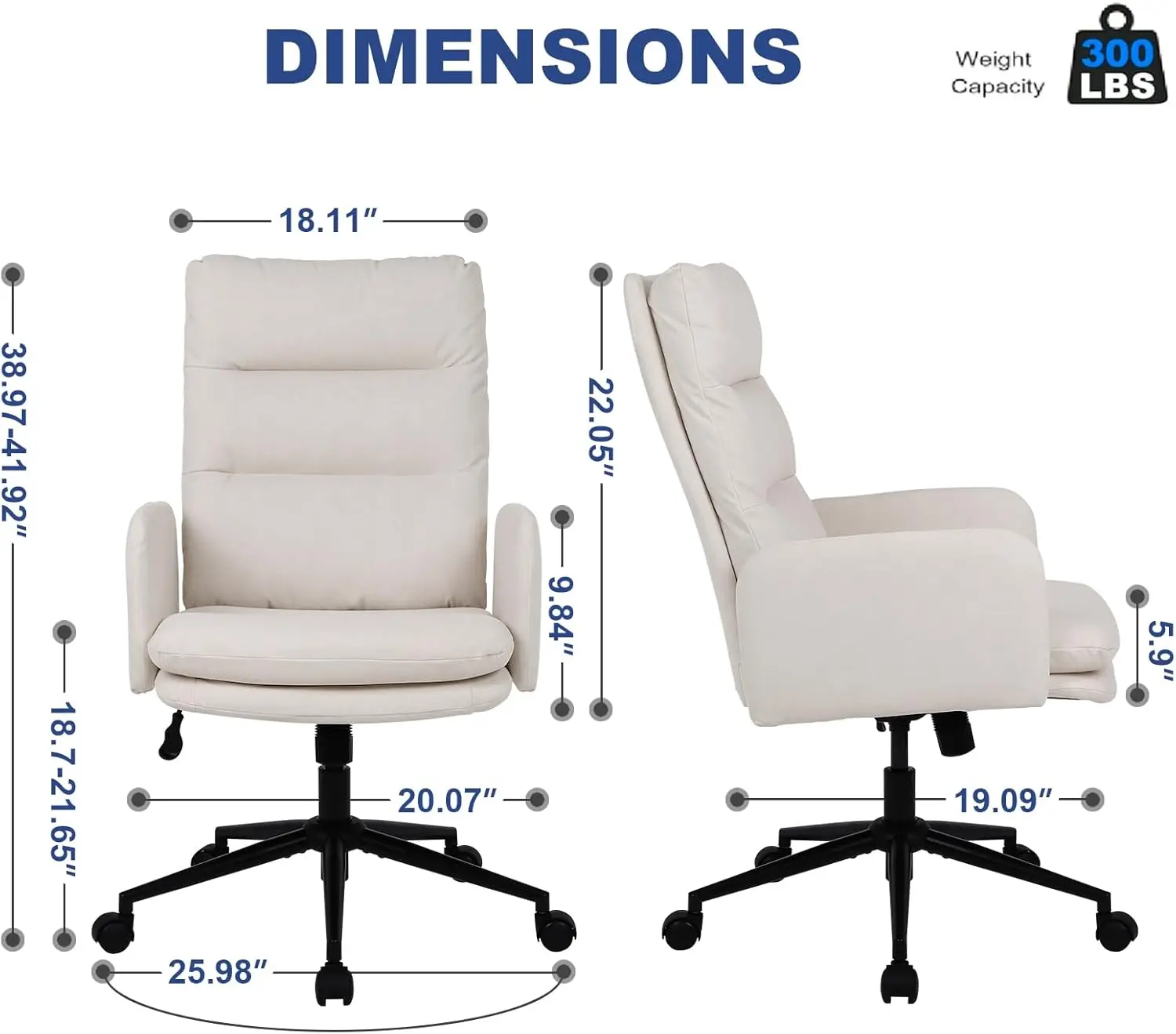 Höhenverstellbarer Heimbürostuhl, moderner Computer-Schreibtischstuhl mit mittlerer Rückenlehne und Rollen, ergonomischer gepolsterter Drehstuhl, cremefarben