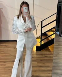 Crystal White Women Suit Set Blazer+Pants 2 Piece Summer Wedding Tuxedo Party Jacket Tailored Formal Office Lady Prom Dress