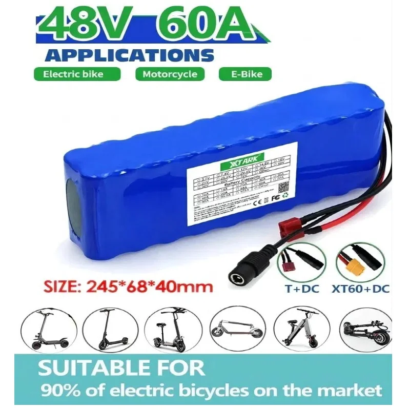 Batterie lithium-ion 48V, 60Ah, 2024 W, 13S2P, 1000 mAh, pour vélo et trottinette électrique, avec BMS intégré et chargeur,60000