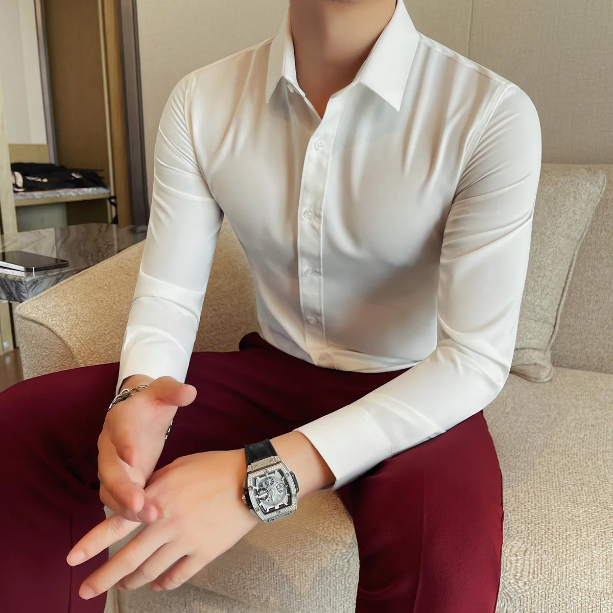

Новые мужские рубашки из немнущейся ткани, однотонные универсальные рубашки с длинным рукавом, белые