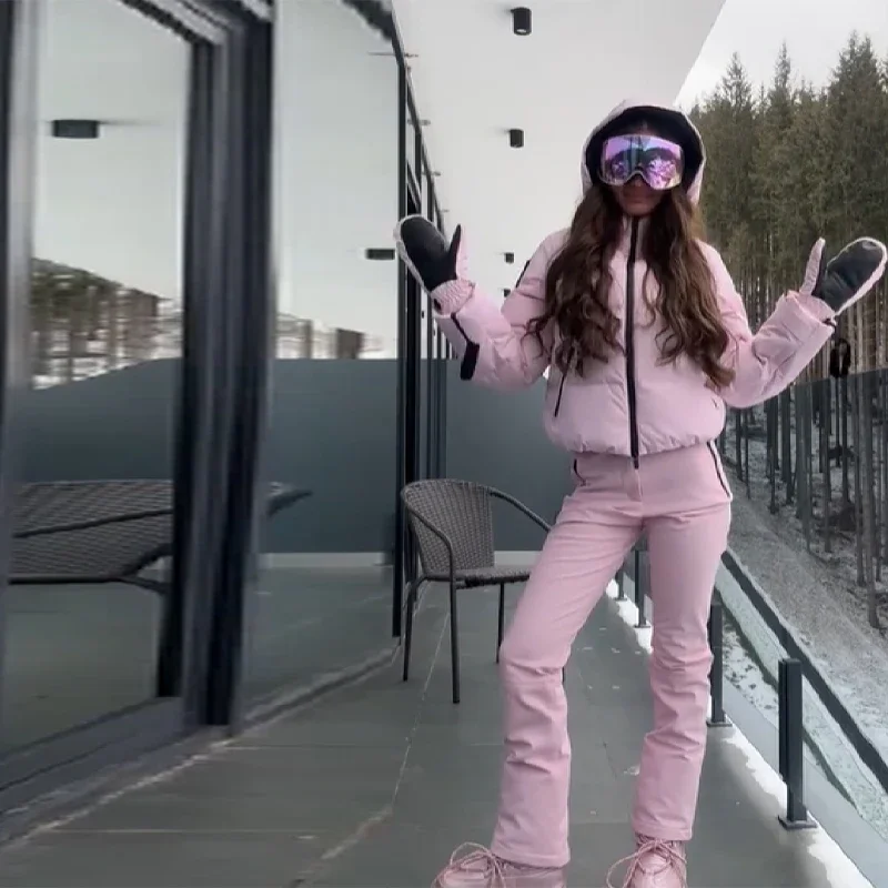 Thicken Warm Women's Skiwear Pink High Collar Hooded Cotton Padded Coats Straight Leg Zipper Pants 2025 New Winter Lady Ski Suit