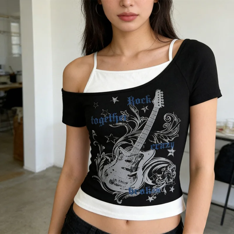 Gotisches Asymmetrisches Schräg-Ausschnitt T-Shirt Top Kurzarm Street Fashion Gitarrenmuster Bedruckt Frühling Neuer Stil