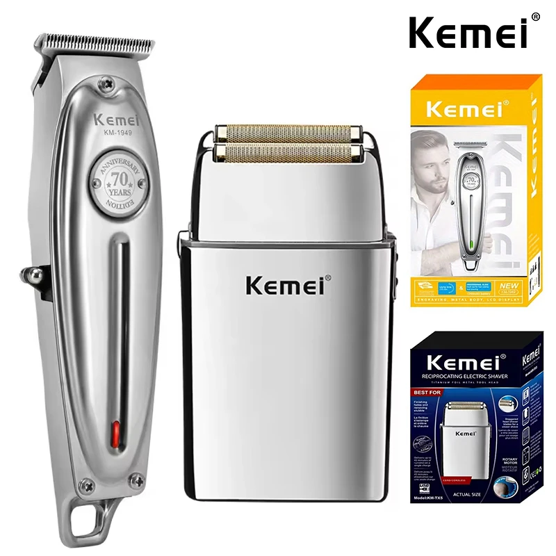 Tagliacapelli ricaricabile Kemei con corpo in metallo, rasoio elettrico a movimento alternato per barba, trimmer senza fili per uomo, kit KM-1949 KM-T