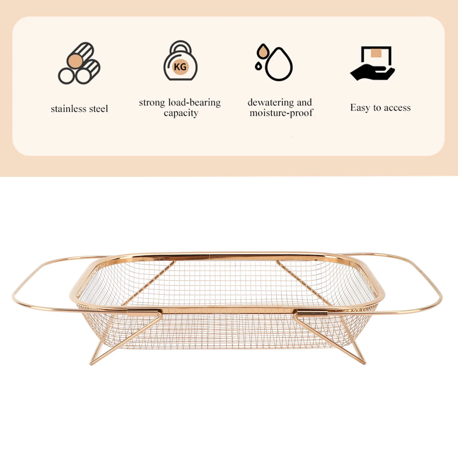 Kitchen Drainage Basket, Stainless Steel Expandable Rectangular Mesh Drainer, Sink Strainer Basket Over The Sink Colander