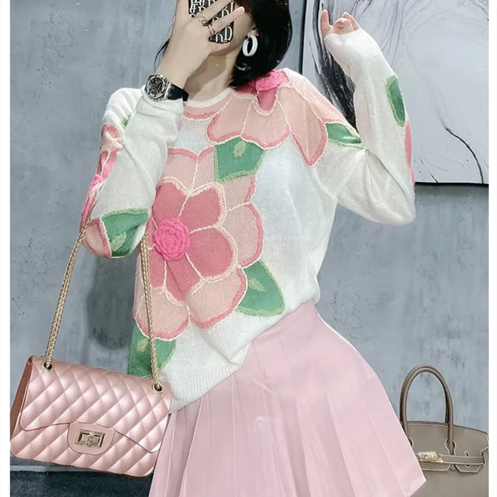 سترة نسائية منسوجة بلون الأزهار من Ele Sweet طويلة Sve مستديرة Ne ناعمة ومريحة ومتعددة الاستخدامات للخريف والشتاء