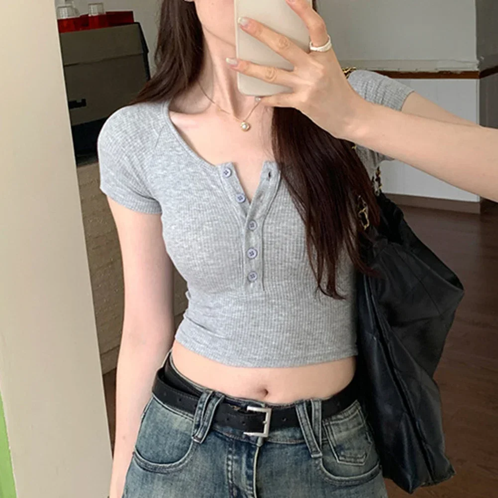 

Half-breasted Tee Slim-fitting Top Casual Wear Microelasticity Fabric Solid Color Casual Half-breasted Casual Wear For Ladies
