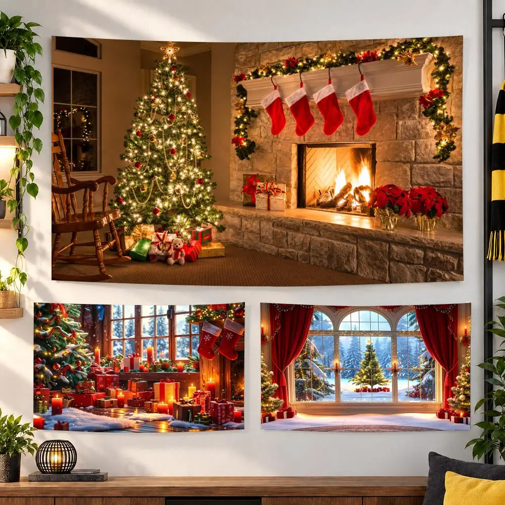 Christmas Cabin Tree And Gifts Tapestry Custom Living Bedroom Party Dormitory Interior Wall Bohemian Decoration Attached Clip