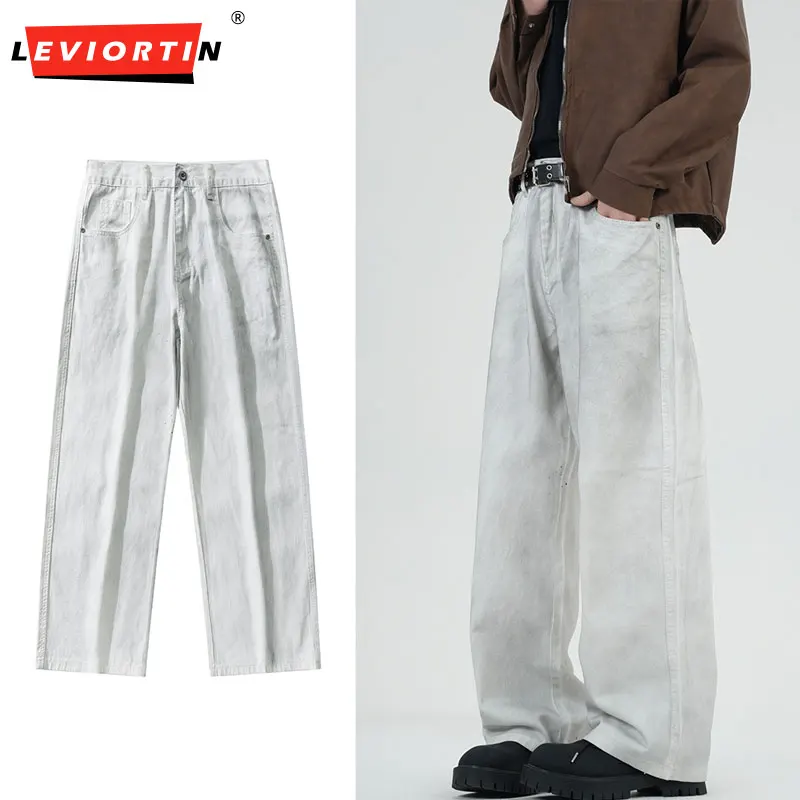 

New Arrival Men Curved Blade Jeans Pants High Street Dirty Distressed Streetwear Denim Trousers Unisex Streetwear White Color