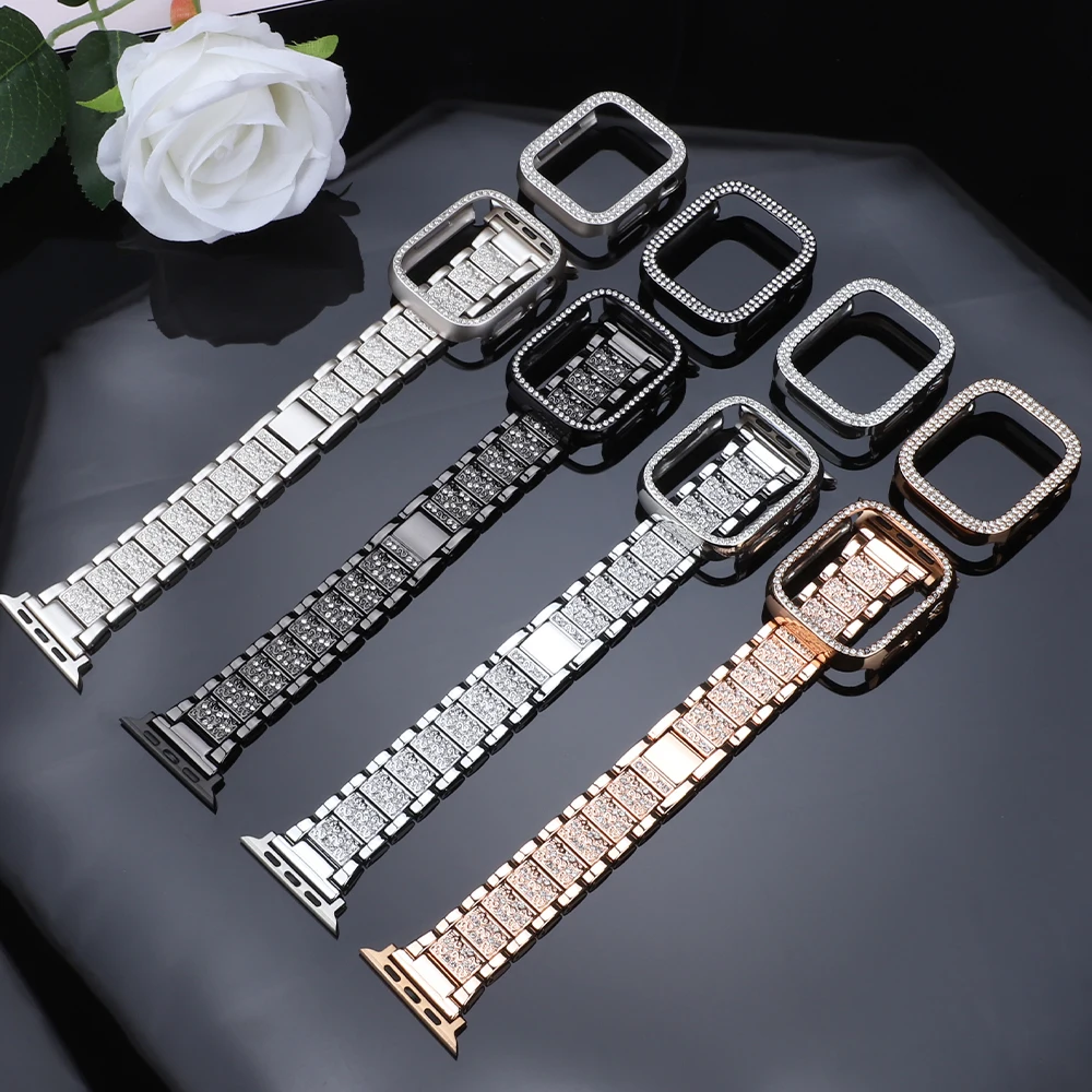Strap+Case for Apple Watch 40/41/44/45/42/46mm, Stylish Diamond-Studded Band+Skeletonized Case for Series11 10 98765 Accessories