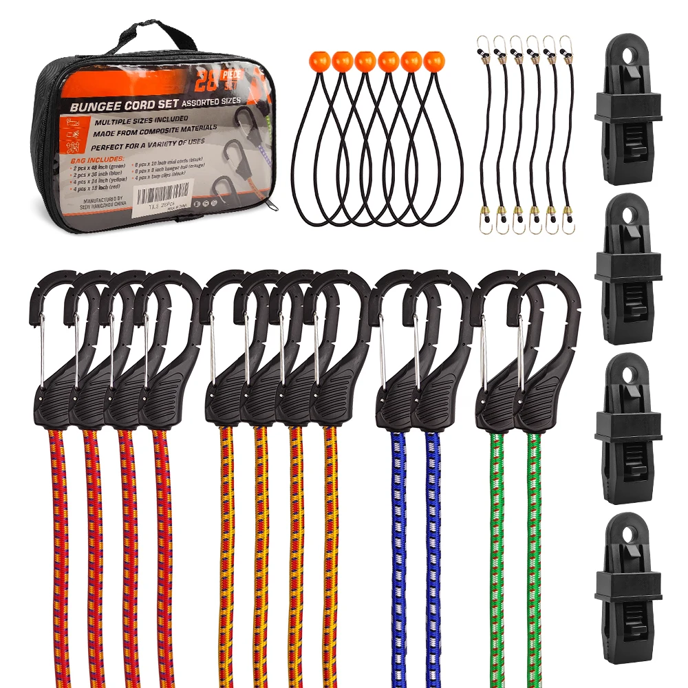 

28pcs with Carabiners/32pcs Bungee Cord Set Vulcanized Rubber Stretch Cords with Hooks, Canopy Ball Bungee Ties, Tarp Clips