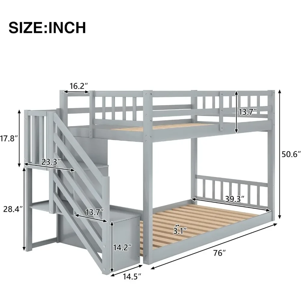 Twin Over Twin Junior's Low Bunk Bed with Storage Stairs,Wood Floor Bunk Bed ,Floor Twin Size Bunk Bed with Slat