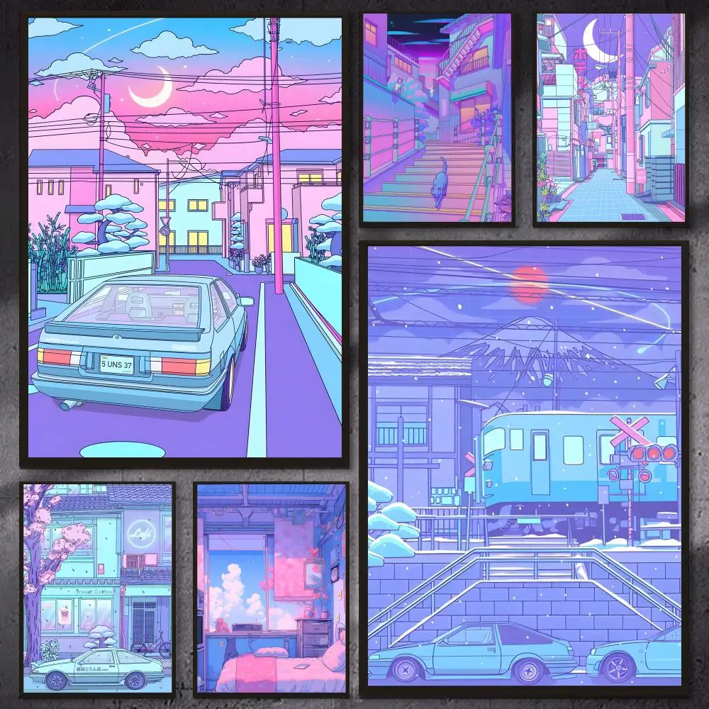Neon City Street Vaporwave 80S Poster Versatile HD Waterproo