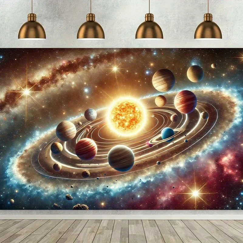 Tapiz de pared con órbita de planetas del sistema solar vibrante: telón de fondo de tela de poliéster con diseño cósmico, no necesita electricidad, ideal