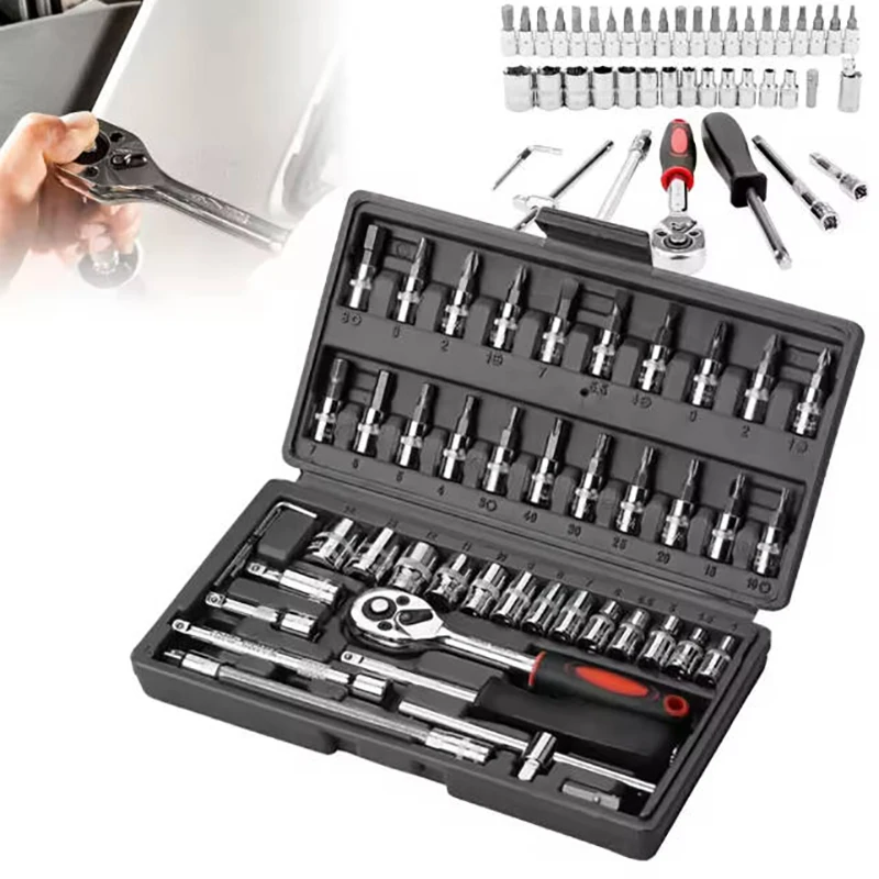 46pcs Car Repair Tool Kit 1/4-Inch Socket Set Car Repair Tool Ratchet Torque Wrench Combo Auto Repairing Set Mechanic Tool