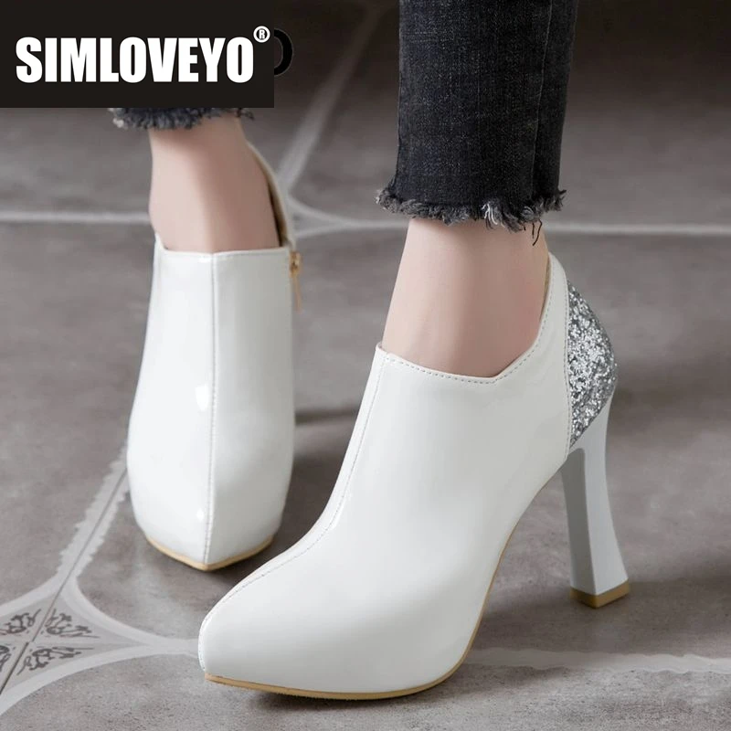 SIMLOVEYO Sparkle Ladies Pointed Toe Tall Chunk Heel 11 cm Side Zip Multitone Trendy Footwear Extra Large Sizes 47 48 49 50