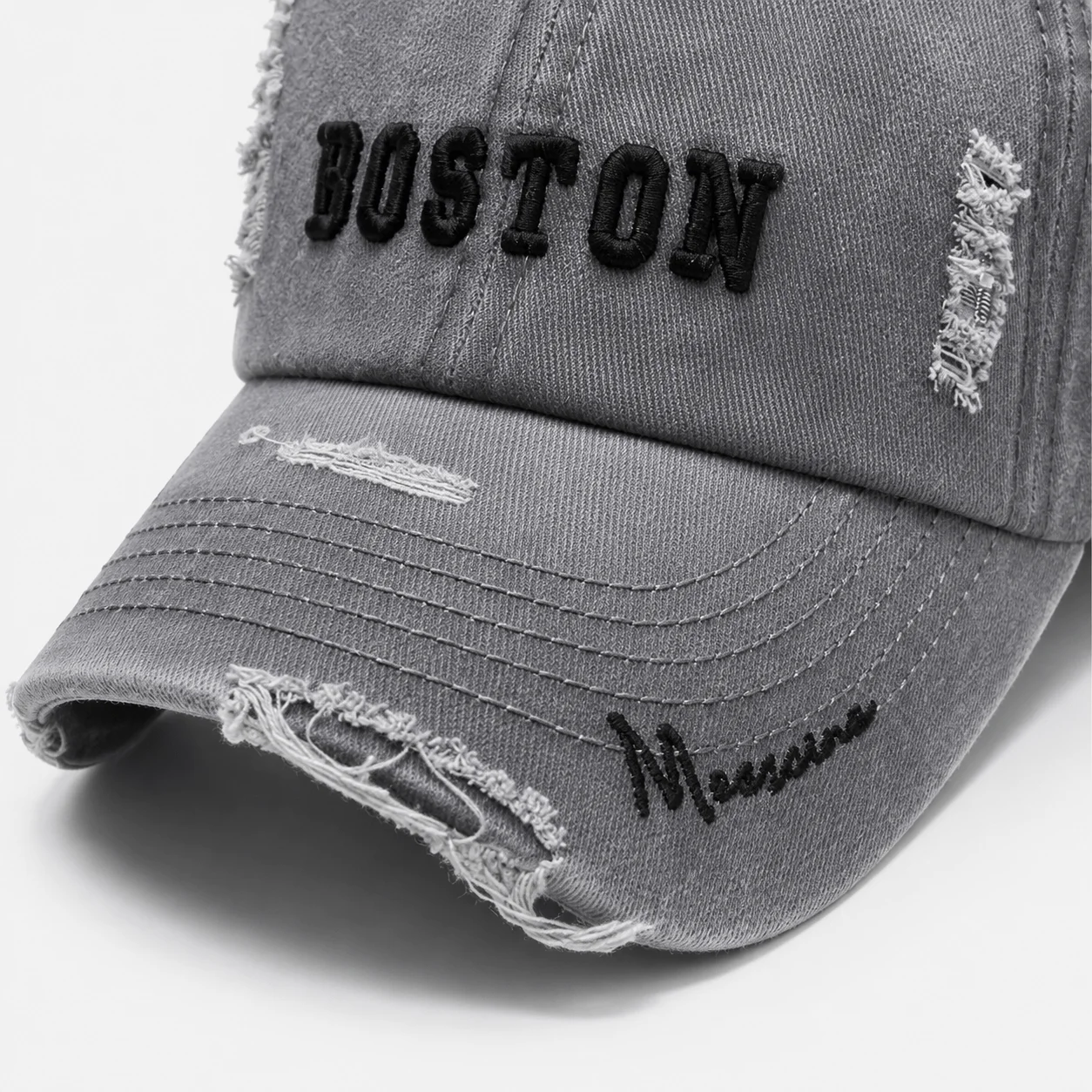 Distressed Boston Embroidered Baseball Cap Frayed Edge Details AdjustableCasual Streetwear Hat Vintage Washed Hip Hop FashionCap
