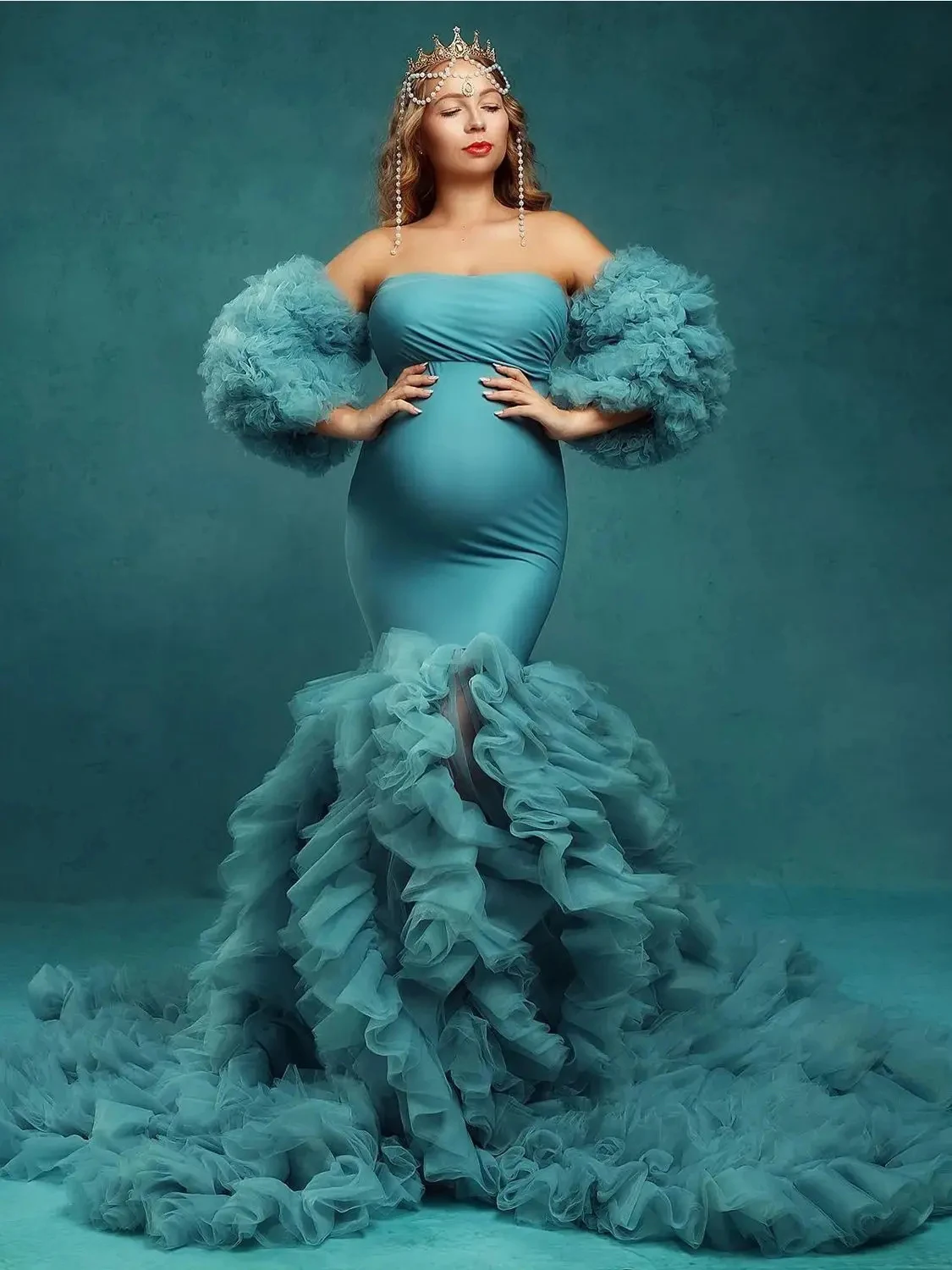 

Teal Blue Mermaid Maternity Dress for Pregnant Woman Removable Puffy Sleeve Women Gowns for Photoshoot Evening Bathrobe Robes