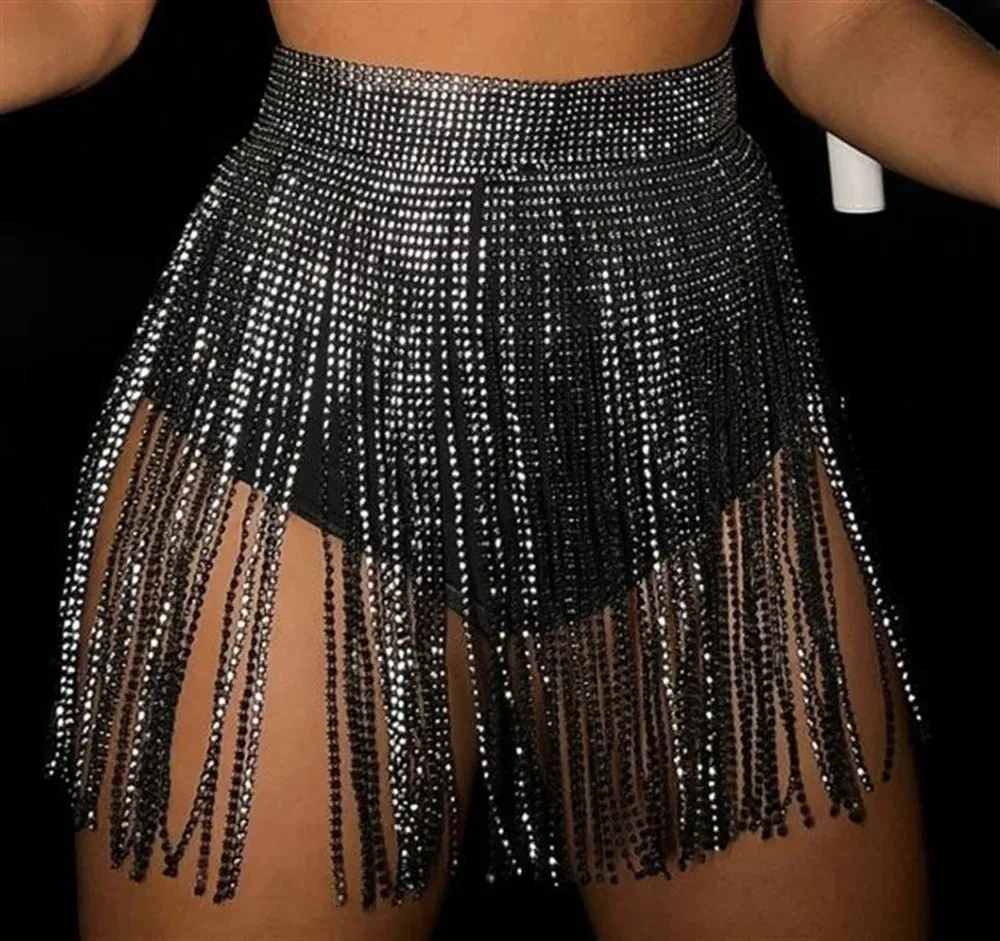 

Flashing Diamonds Sexy Mini Dress Diamond Strap Mesh Women's Mini Skirt Fringed Net Glitter Rhinestone Fashionable Half Skirt
