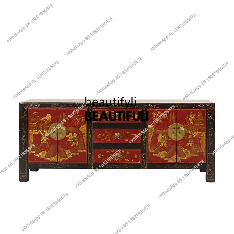 

ss8350 Chinese antique furniture old elm hand-painted gold porch cabinet, TV cabinet storage, solid wood side cabinet