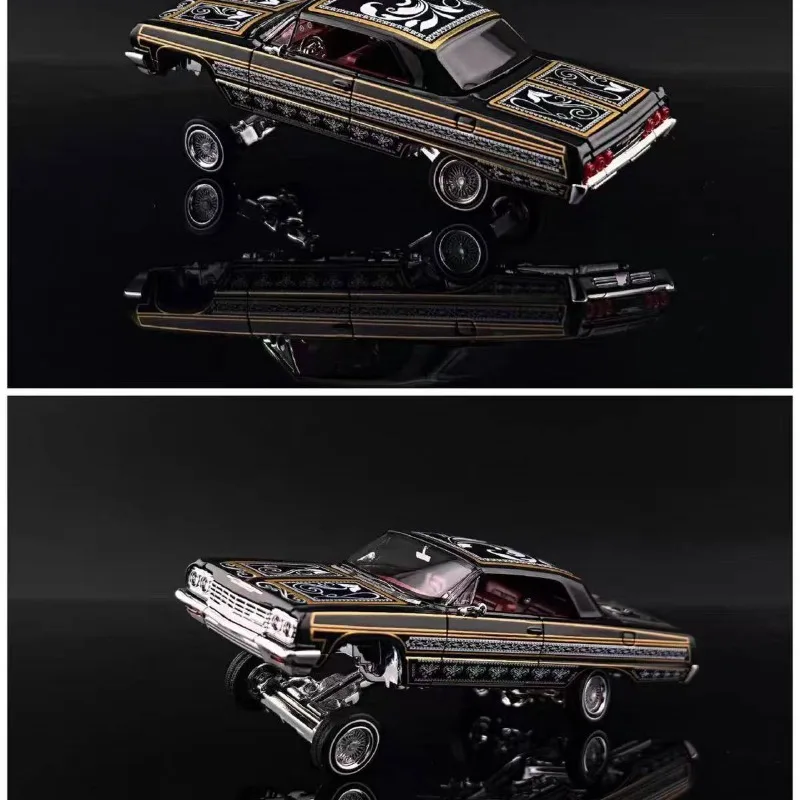 FineWorks64 1:64 Impala Lowrider Black Gold Hydraulic Model Car, Openable Roof & Hood, Movable Chassis Diecast Model