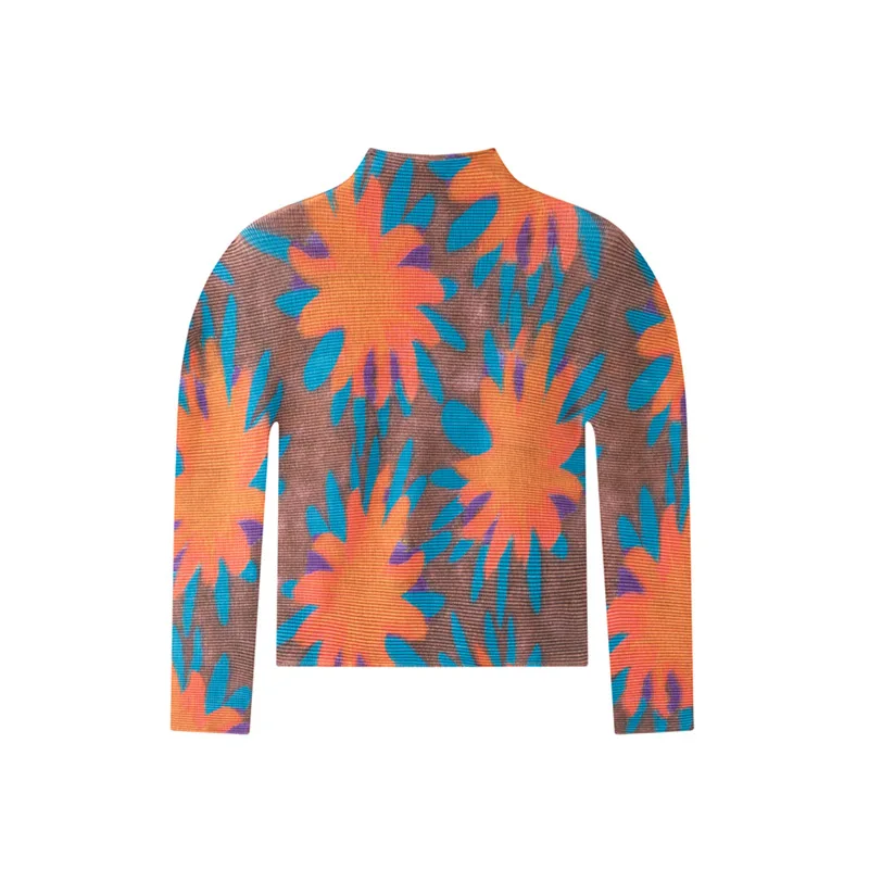 

Miyake Classic Stretch Fabric Women's Printting T-shirt Breathable High Neck Pleated Print Pullover Long Sleeve Top