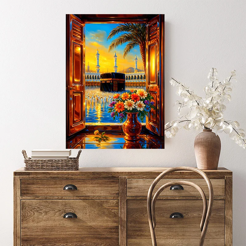 Dome of The Rock Window View Painting Canvas Painting  Jerusalem Kaaba Islamic Art Floral Arch Poster for Living Room Home Decor
