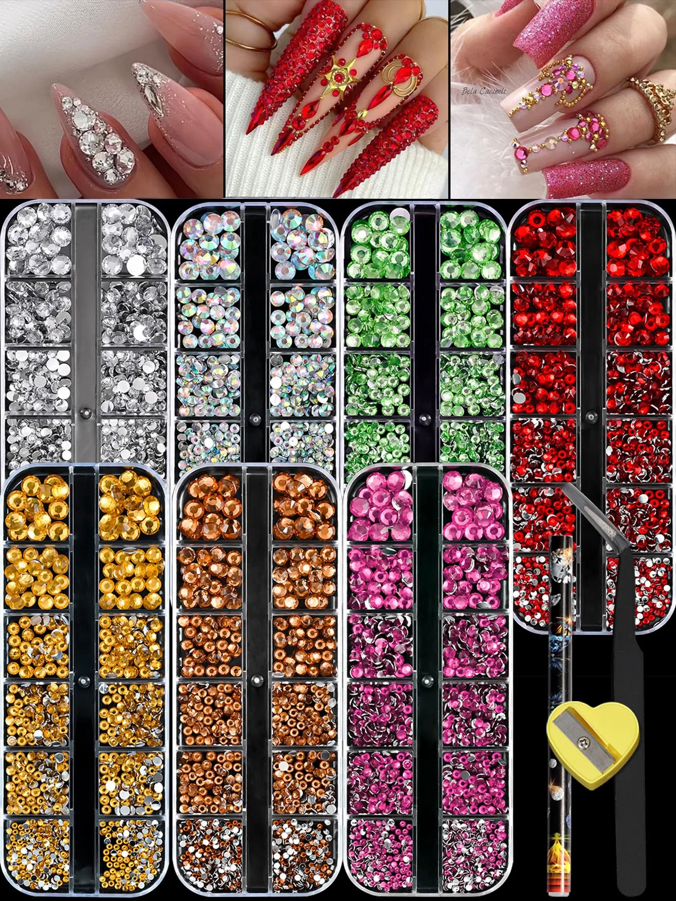 

7 Boxes Resin Flat-Back Rhinestones Value Pack - 12 Styles Multi-Size (2-6mm) Assortment for DIY Nail Art Decorations