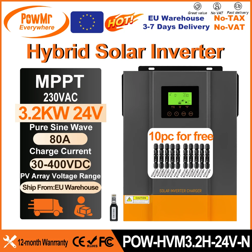 PowMr EU Hybrid Solar Inverters 3.2KW 24V Photovoltaic Inverter 230VAC Build in 80A MPPT Solar Charge Controller PV 30-400VDC