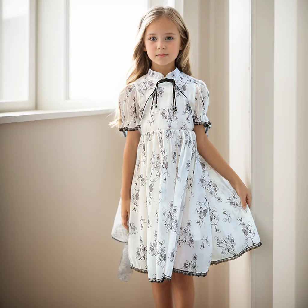 Kids Summer Dress Floral Pattern Girl Party Dress Chinese Style Kids Dress Summer Clothes Girl 6 8 10 12 14