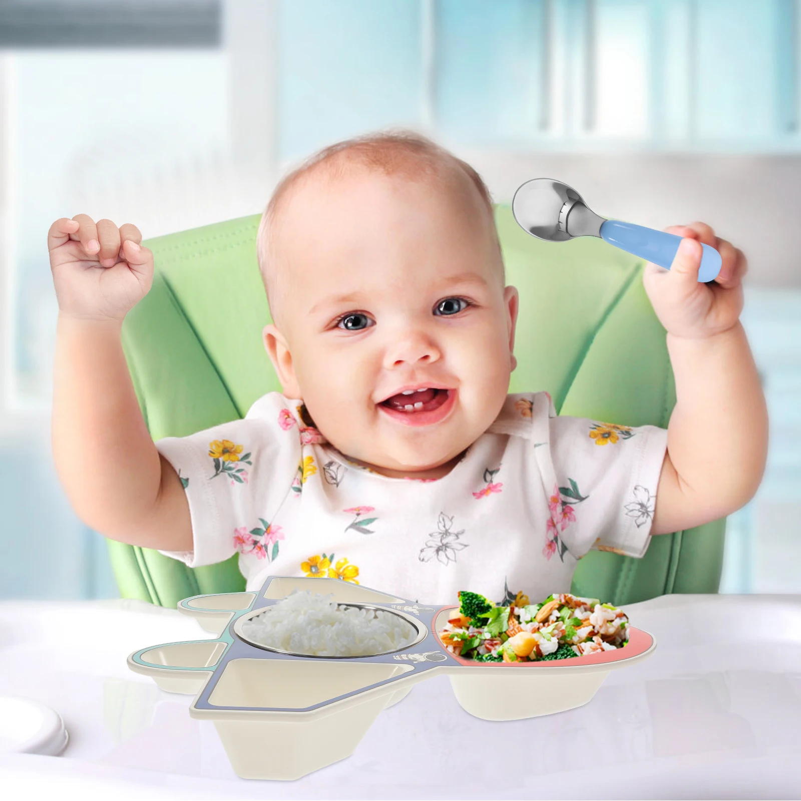 

1 Set Divided Food s Airplane-Shaped Meal Plate With Spoon Fork Household Restaurant Use 6-Compartment Toddler Bowl Cartoon