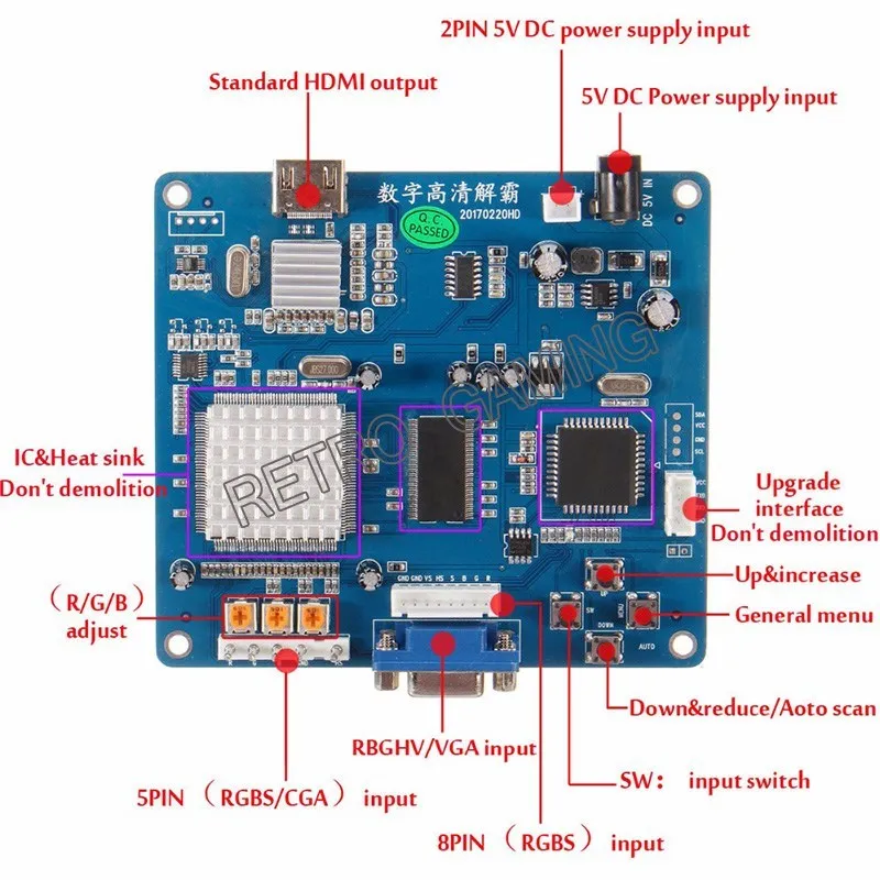 

Конвертер видео с CGA на HDMI, плата преобразователя RGBS / CGA / EGA в HDMI, печатная плата для HD ЖК-монитора, игрового кабинета, автомата