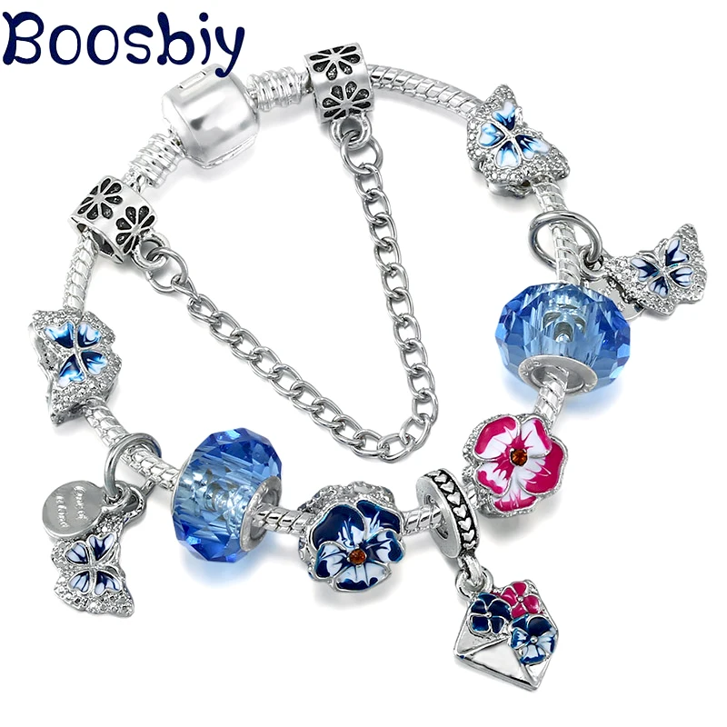 Blue Flower & Envelope Beads Chain With Butterfly Pansy Pendants Charm Bracelet For Women Fashion Personality DIY Jewelry Gift