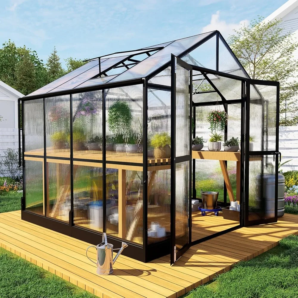 

8x8x7.5 FT Aluminum Outdoor Greenhouses, Featuring Polycarbonate Panels, 2 Vent Openings, a Lockable Swing Door and Rain Gutter
