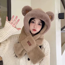 Cute Little Bear Scarf Hat Warm One Piece Hat Female Winter Student Lamb Hair Korean Version Hooded Mask Plush Hat