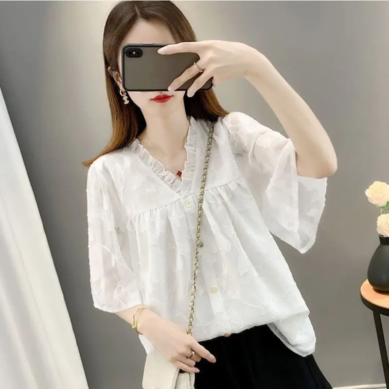 Women Summer Simplicity Loose Short Sleeve Solid Color Ruffles V-neck Chiffon Shirts Ladies Casual All-match Hollow Out Top Tee