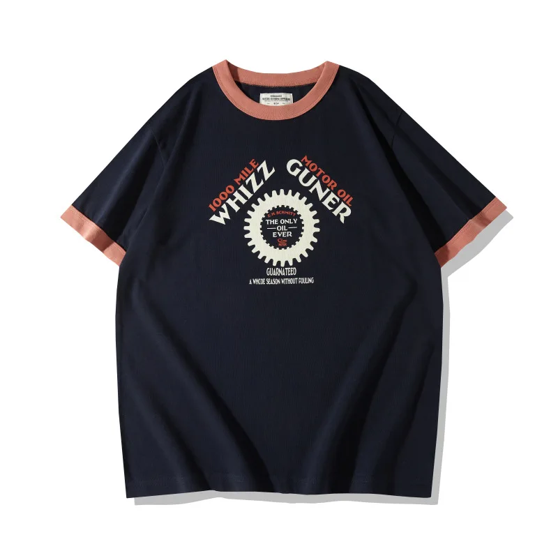 OKONKWO Heavy Thick Motorcycle Gear Printed T-shirt 210g Unisex Colorblocked Threaded Round Neck Short Sleeve TEE
