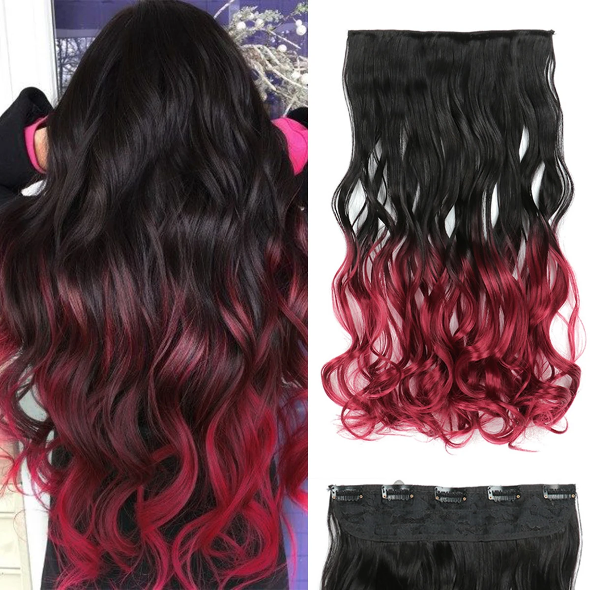 24 Cal Ombre Dip Dye długie kręcone włosy doczepiane Clip in, dwukolorowe grube na całą głowę syntetyczne treski (od czarnego do ciemno czerwony)