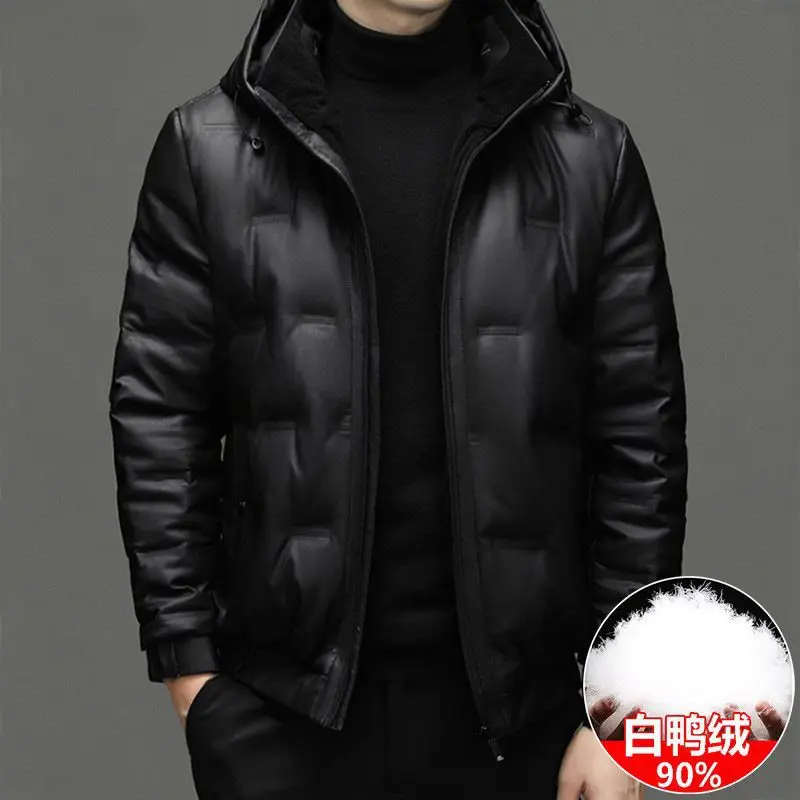 

Men's Short PU Leather Duck Down Jacket Winter Thickened Hooded Casual Warm Down Coat Puffer Jacket Men chaqueta plumas JK-213